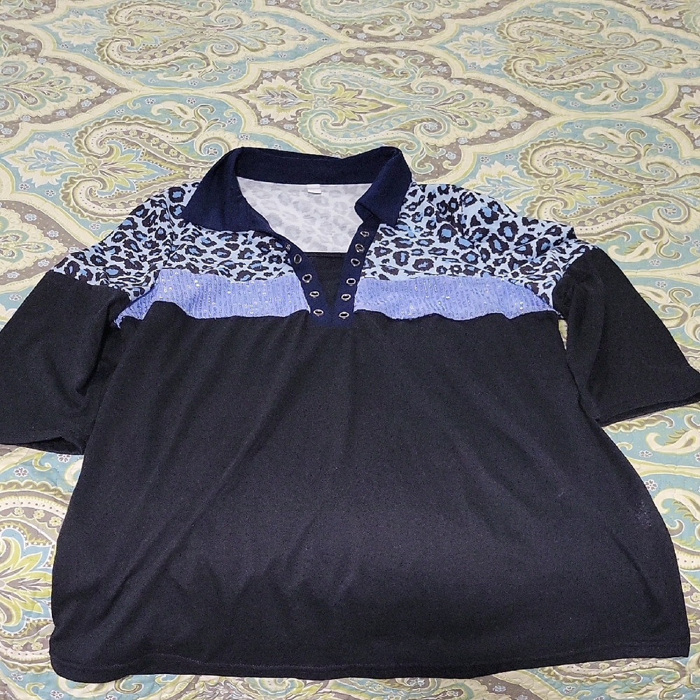 Chic Black Top with Blue Leopard Print